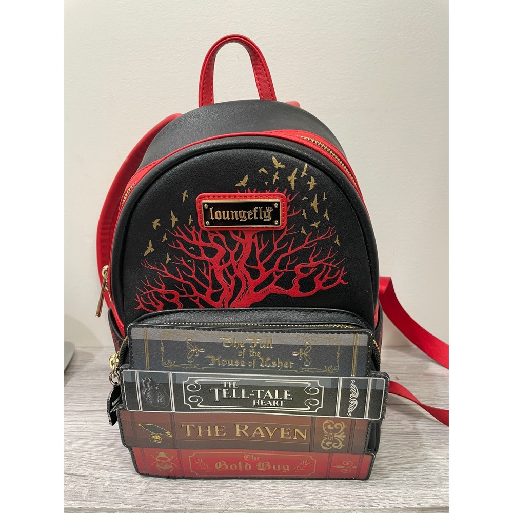 Loungefly Edgar Allan Poe Book Stack Mini Backpack Black Red Gothic Raven Skull